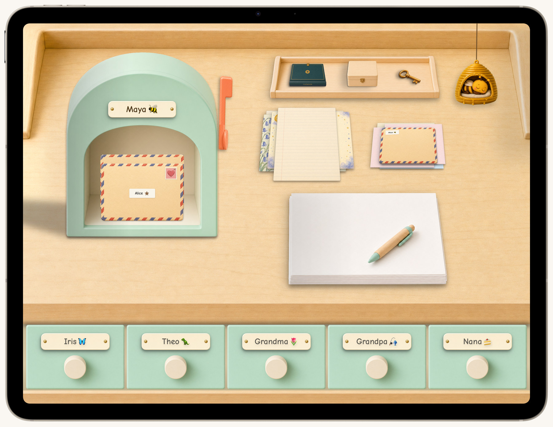 Postmello on an iPad — a desk with a mailbox holding mail, a stack of writing paper and a pen, and a row of drawers named for each contact