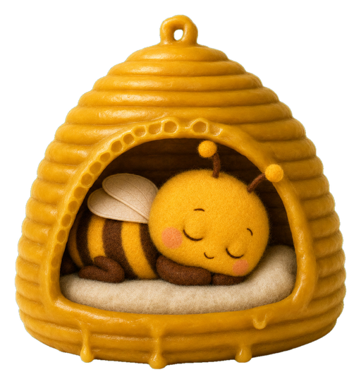 The courier bee asleep inside the hanging hive.