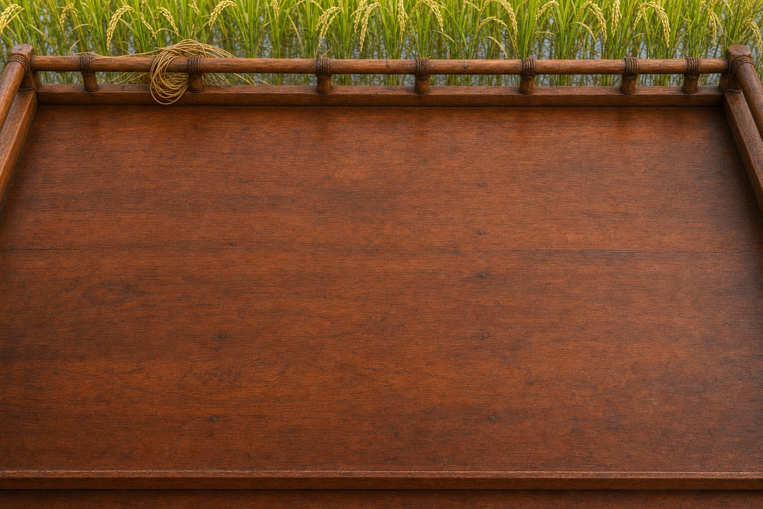 The Baan Na desk background with ricefields beyond the wooden back rail.