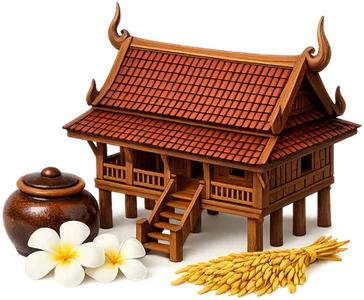 A Thai house on stilts with frangipani flowers from Baan Na