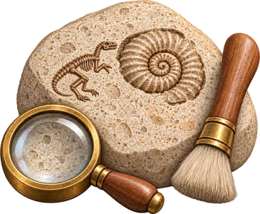A fossil stone with a magnifying glass and a brush from Fossil Camp