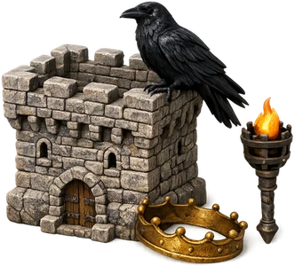 A stone tower with a raven, a crown and a torch from Ironhold