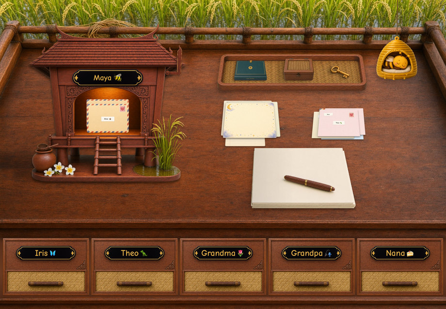 The Baan Naa desk — a stilt house mailbox beside a rice paddy, with woven drawer fronts