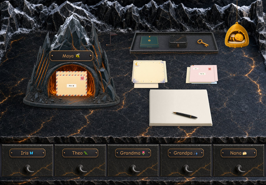 The Ember Peak desk — a black volcanic mailbox lit from within, on a lava-veined desk