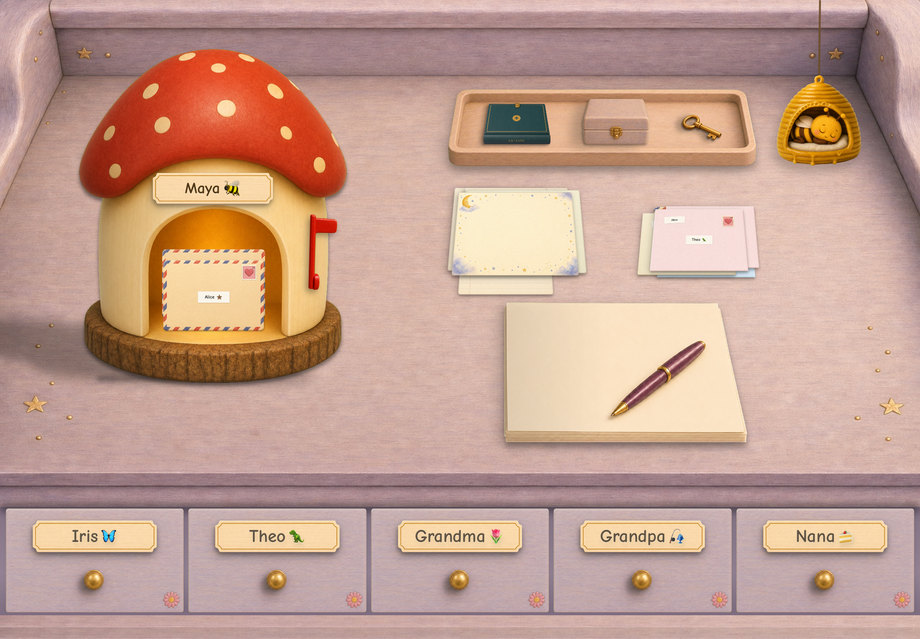 The Fairy Glen desk — a red-capped toadstool mailbox on a lilac desk, with a butterfly on the first drawer