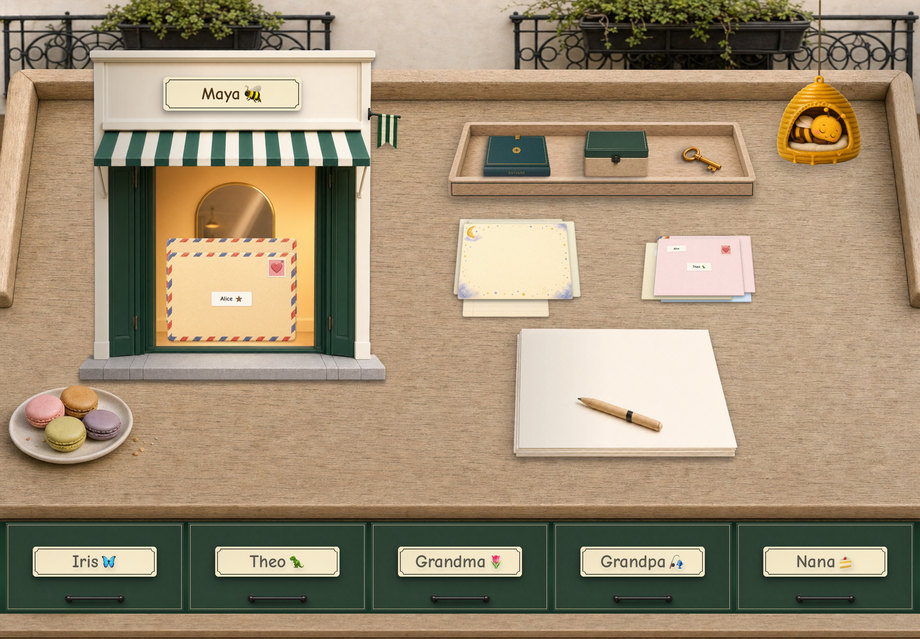 The Petit Café desk — a Parisian café front with a green awning and a plate of macarons