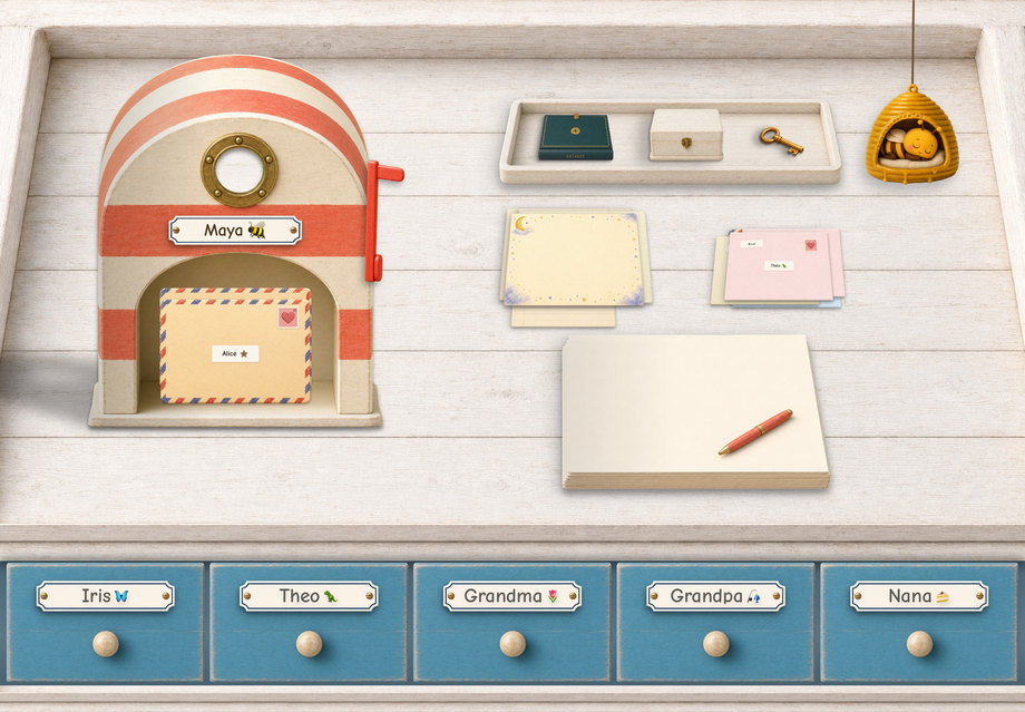 The Seaside Post desk — a red-and-cream striped mailbox with a brass porthole, on whitewashed boards