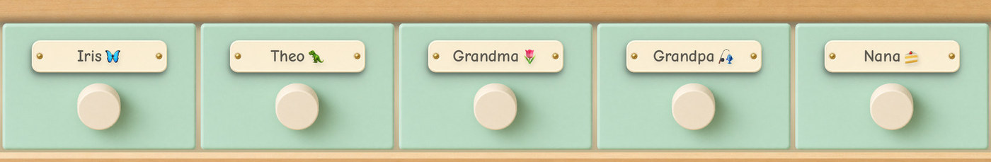 A row of five desk drawers, each with a wooden nameplate — Iris, Theo, Grandma, Grandpa and Nana