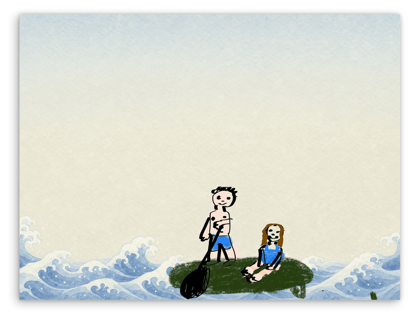 A child’s drawing of two people paddleboarding, made on ocean stationery