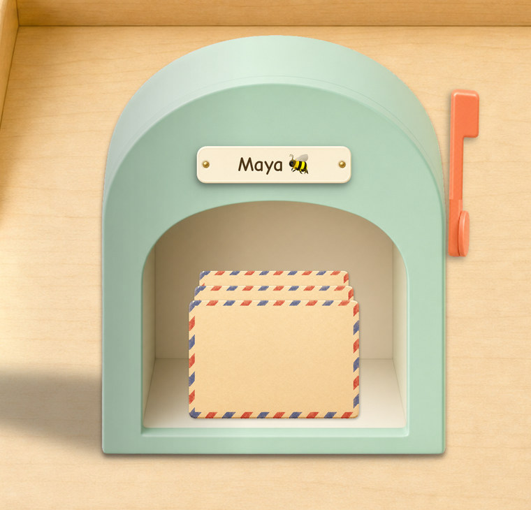 A mailbox on a Postmello desk, its flag raised, with three letters waiting inside