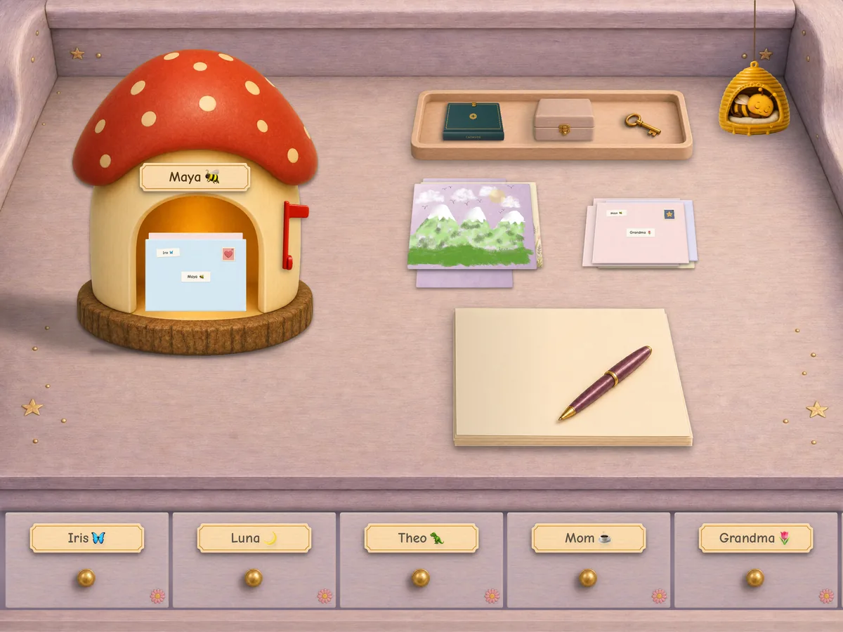The Fairy Glen desk, with a red-capped toadstool mailbox and lilac drawers