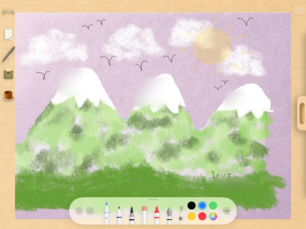 A letter being painted on the writing canvas: green mountains with snowy peaks under a lilac sky