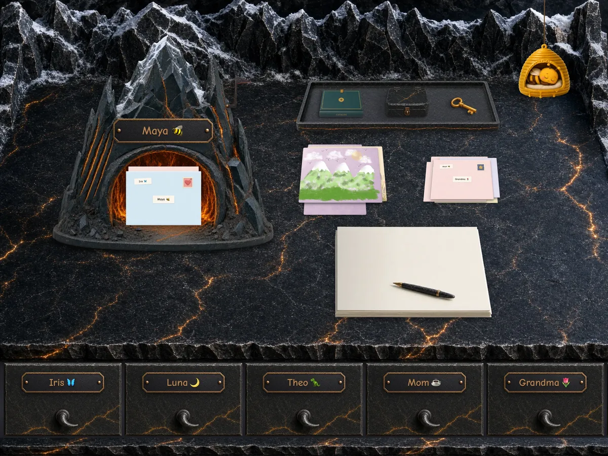 Ember Peak desk with a glowing mountain mailbox