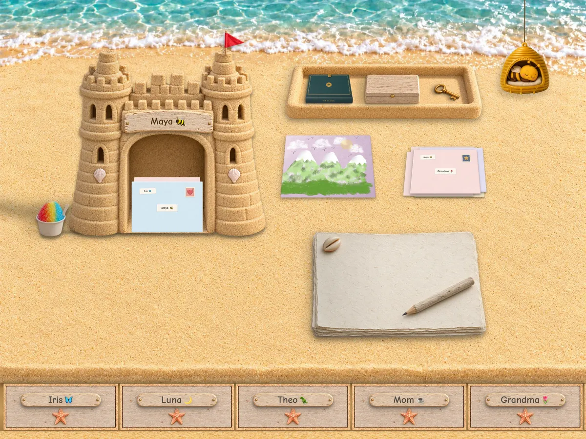 Sandy Beach desk with a sandcastle mailbox and starfish drawer pulls