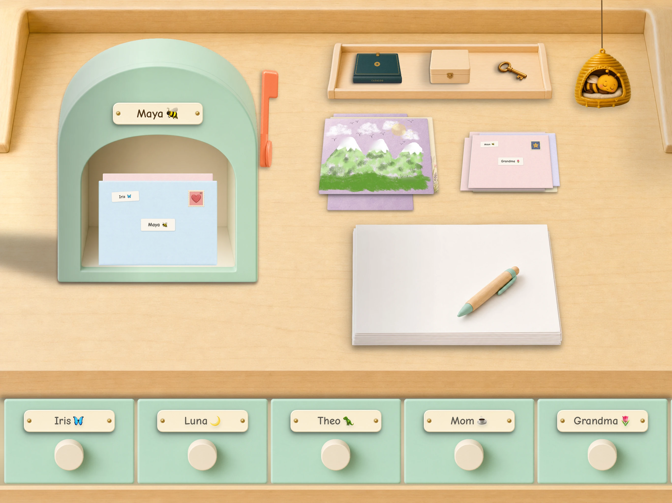 The Postmello desk with a painted mountain letter, a mailbox, paper and named friend drawers.
