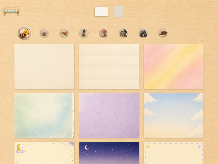 The paper picker — a strip of collection marks above a grid of letter papers, plain and patterned