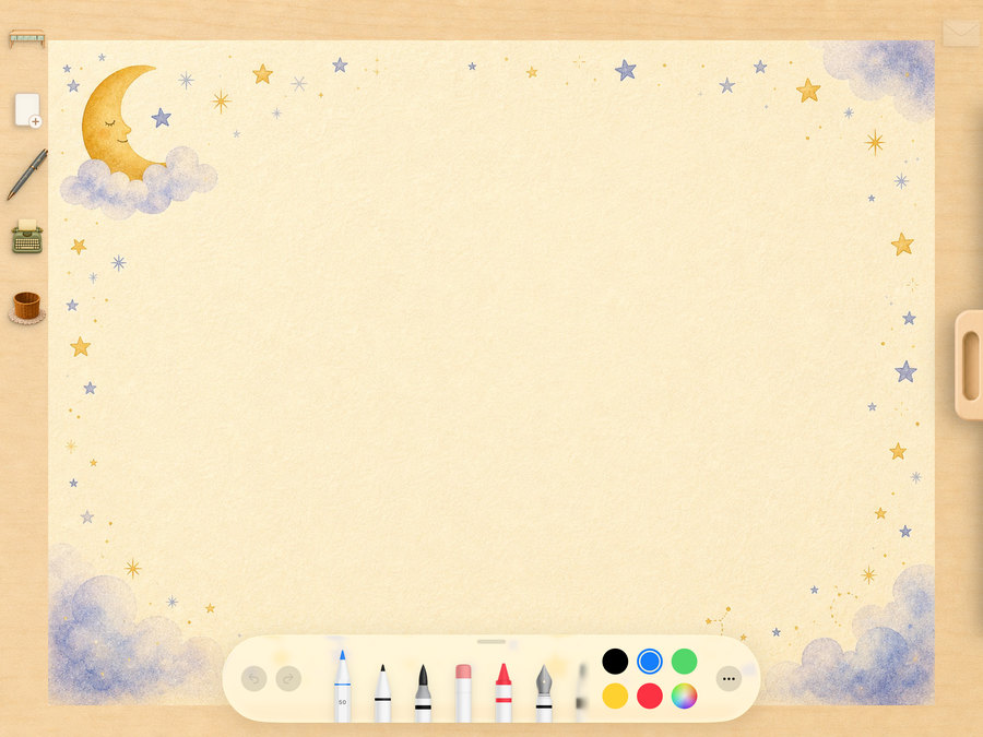 A blank moonlit page open on the writing desk, with the pen and colour palette along the bottom
